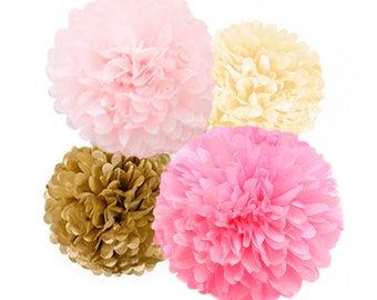 Pink & Gold Tissue Paper pom pom Flowers, Paper Poms, Baby Shower Decorations, First Birthday Decor, Weddings, Nursery, Party Supplies