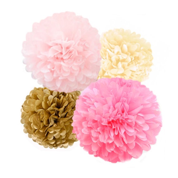 Pink & Gold Tissue Paper pom pom Flowers, Paper Poms, Baby Shower Decorations, First Birthday Decor, Weddings, Nursery, Party Supplies