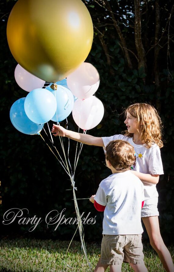 Gender Reveal Balloon Pop, 1 baby gender reveal confetti balloon set, 36" gold, silver, black balloon w confetti & 3 pink 3 blue Spray