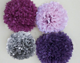 Purple, Lilac, Plum, and Grey Tissue Paper Pom Poms, tissue paper pom pom flower, Weddings, shower, Birthday,Party Decorations, Pastel