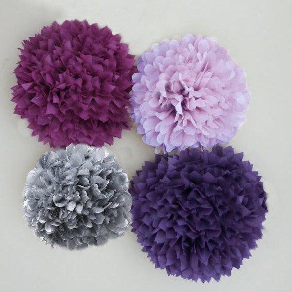 Purple, Lilac, Plum, and Grey Tissue Paper Pom Poms, tissue paper pom pom flower, Weddings, shower, Birthday,Party Decorations, Pastel