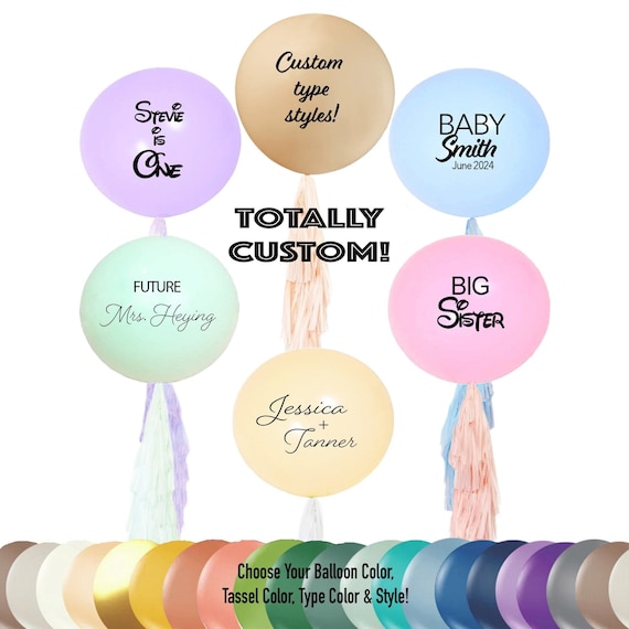 Personalized Jumbo Balloons wTassels 3 ft Giant Pastel Pink, Blue, Mint, Purple, Yellow for Baby Shower, Wedding, Birthday Custom Lettering