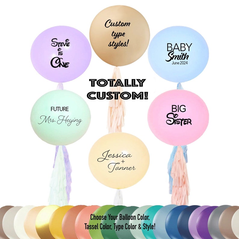 Personalized Jumbo Balloons wTassels 3 ft Giant Pastel Pink, Blue, Mint, Purple, Yellow for Baby Shower, Wedding, Birthday Custom Lettering image 1