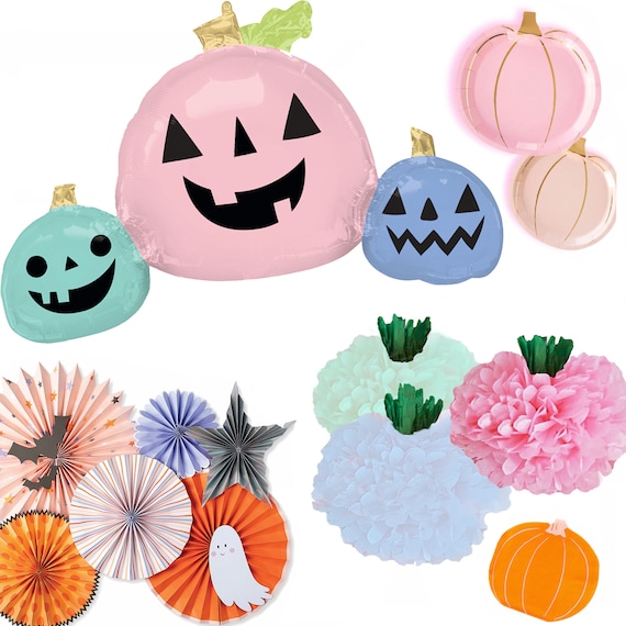 Halloween Pastel Pumpkin Balloons & Fans, Party Decor Plates, Napkins, Centerpiece, Treat Cups, Baby Shower, Birthday Pink Blue Mint