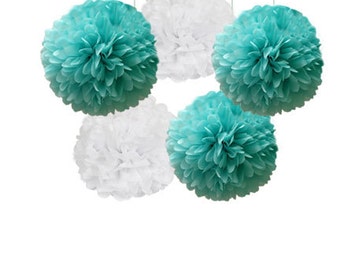 Turquoise Tissue Paper Pom Poms Purple Set for a Birthday, Wedding Decor or Shower, Pom Pom flower white, Purple Tiffany Stone