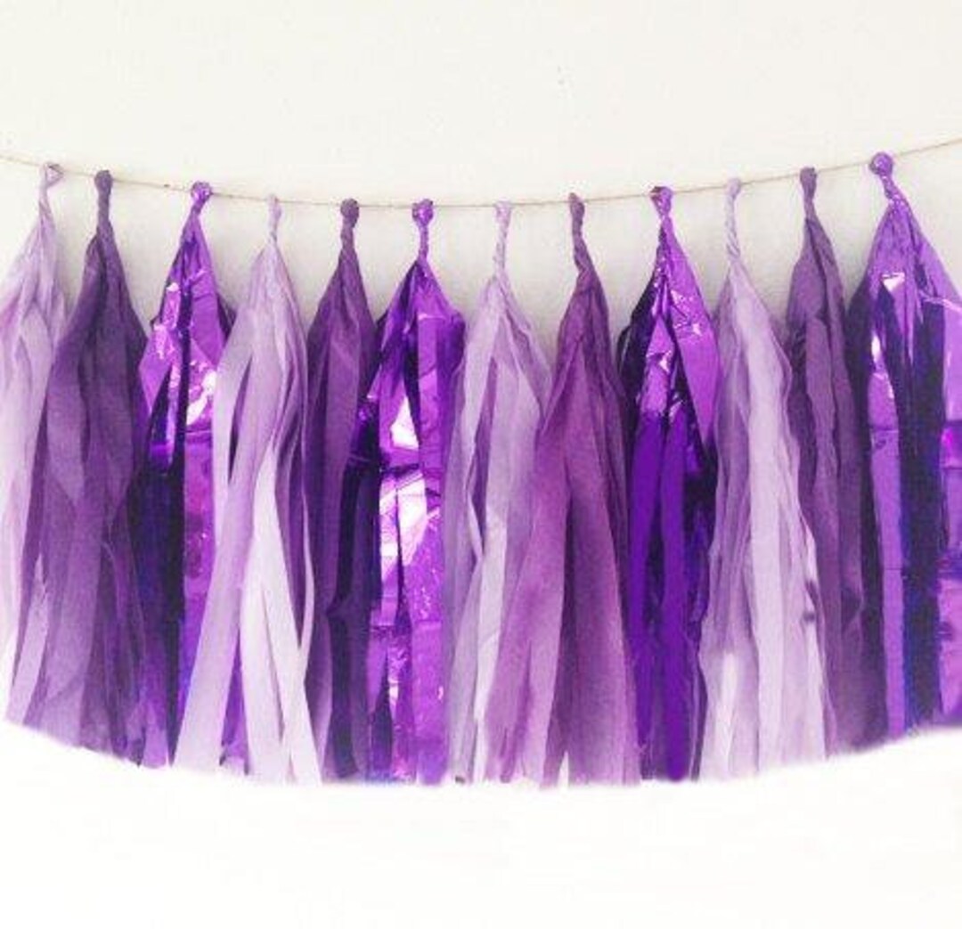 Purple Tassel Garland, Tissue Garland in Purple, Lavender and Metallic