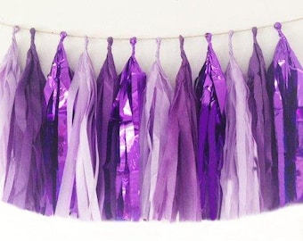 Purple tassel garland, tissue garland in purple, lavender and metallic purple garland for a Baby shower, Wedding or Birthday Decor