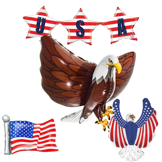 Fourth of July Eagle Balloon Huge 32", USA Flag, Foil American, Red, White  & Blue balloons, Party in the USA Decor, tissue poms