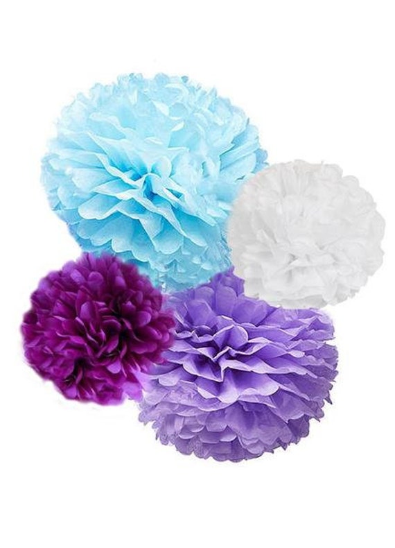 Lavender Purple Tissue Pom Poms, 4 Piece Set Aqua Light Blue, Plum, Decorations for a Birthday, Nursery, Frozen Party Winter Theme Party