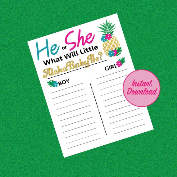 He or She? Printable Gender Reveal Game Aloha Baby Shower or Luau Party Tropical Tahiti Hawaiian Digital Down Load Game