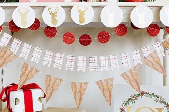 Red Plaid Pennant Banner 8 feet long, Red, Gold, Black and Ivory Mini Christmas DecorTag Banner, Christmas Decorations, Red and Gold Foil