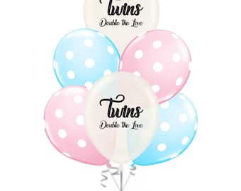 La decoración del baby shower de los gemelos revela ideas. Duplica los globos de amor, decoraciones para fiestas de gemelos, kit de revelación de género