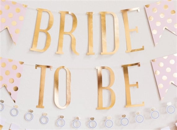 Bride to Be Banner in Pink and Gold, Bridal Shower Sign, Wedding, Bachelorette Party Decor, Polka Dot Pennants, Blush Pink & Gold Foil