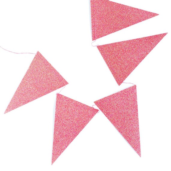 Pink Glitter Pennant Banner Garland, Coral Pink Banner, Pink Birthday Party Banner, Bunting Bright Pink, Iridescent Pink