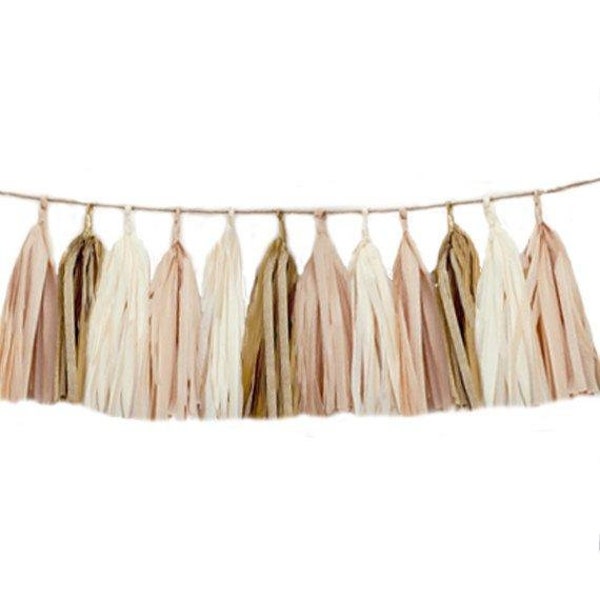 Blush, Ivory & Gold Tassel Garland, Assembled Tissue Garland Baby Shower, Wedding Decorations, Natural  Boho Birthday Decor, Ivory Party