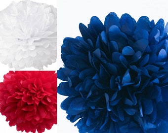 Red, white and blue Pom Set of three 18" tissue paper pom poms, red, white and blue 4th tissue poms, Fourth of July Decorations, BBQ Party