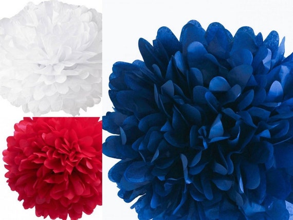 Red, white and blue Pom Set of three 18" tissue paper pom poms, red, white and blue 4th tissue poms, Fourth of July Decorations, BBQ Party