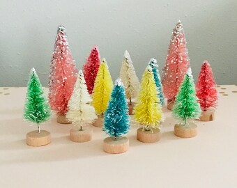 Bottle Brush Trees, Bottle Brush Christmas Tree Set, Vintage Sisal Tree Style Holiday Craft, Rainbow, Pastel Doll House Putz Craft flocked