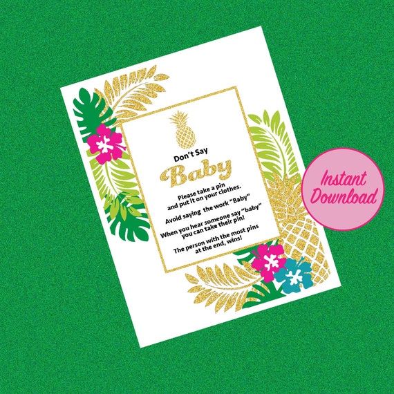 Don't Say Baby Printable Game Aloha Baby Shower or Gender Reveal Luau Party Tropical Tahiti Hawaiian Digital Down Load Game