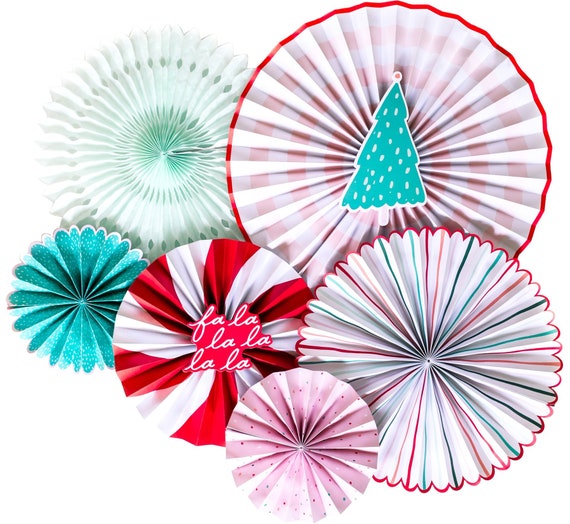 Pastel Christmas Fans, Pink Holiday Party Decorations Kit Pink, Red, Aqua, Mint Decor for adults & kids, Photo Backdrop Ideas, Mantel