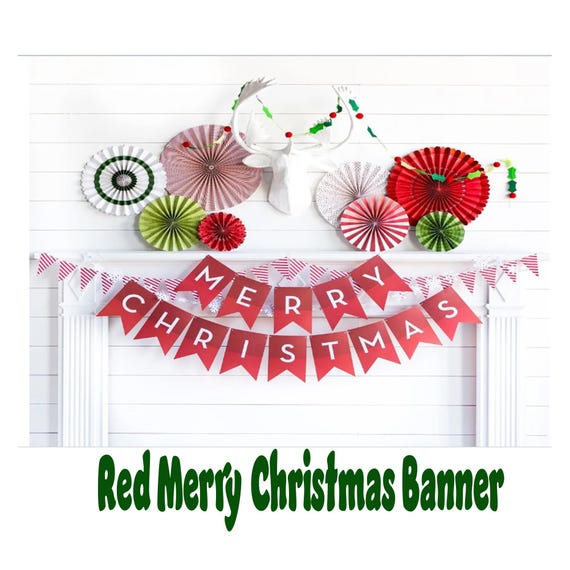 Merry Christmas Red Banner, fireplace mantle sign, holiday tree Decorations, Christmas party Decor, Office Party Pennant