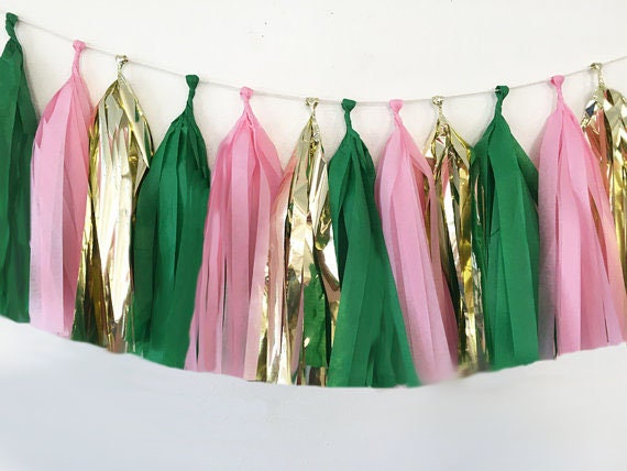 Pink Flamingo Tassel Garland, Kelly Green, Pink and Metallic Gold Tassel Garland for Flamingo Theme, Pool Birthday Party Decor, Luau