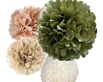 Boho Wedding Decor Moss tissue paper flower pom poms, light green, celadon, forest, olive, army green decorations photo party prop