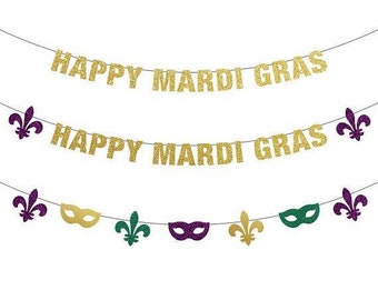 Mardi Gras Banner Decorations, 3 Banner, Mardi Gras Poms, mardi gras fans, mask fleur de lis banner, Gold, Purple Green, Party decor
