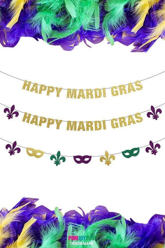 Mardi Gras Banner Decorations, 3 Banner, Mardi Gras Poms, mardi gras fans, mask fleur de lis banner, Gold, Purple Green, Party decor