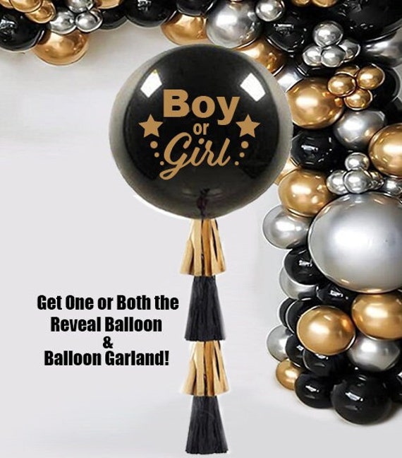 New Year’s Eve Gender Reveal Balloon 2024 with Black and Gold Tassels, custom gender reveal ideas, party decorations, girl or boy sticker