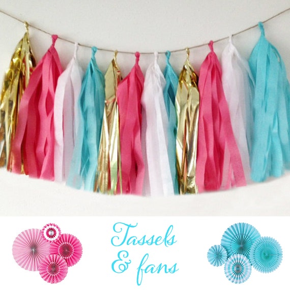 Pink and turquoise Decor, Tassel banner gold or rose gold & white, tissue paper garland, Party Decor, shower, birthday party