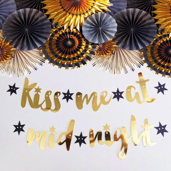 Kiss Me at Midnight New Years Eve 2025 Banner Decor Kit Party or Wedding. Happy New Year Eve Black & Gold Foil Fans, Backdrop Ideas, NYE