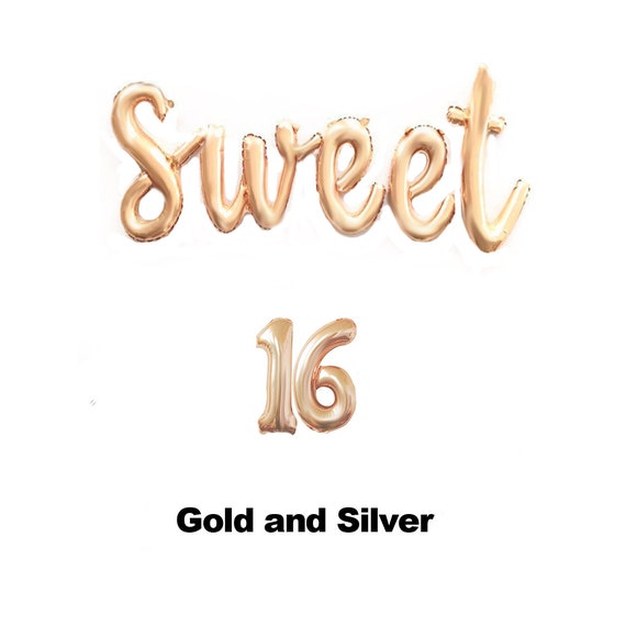 SWEET SIXTEEN Script Balloons, Gold or Silver, 16th Birthday Party, 16 Script Letter Backdrop Banner Ballons Birthday Party Decorations