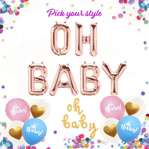 OH Baby Balloons in Rose gold, Gold or Silver Foil, Baby Shower Balloons 14 inch Balloons, Script, Latex Pink and Blue Gender Reveal Party