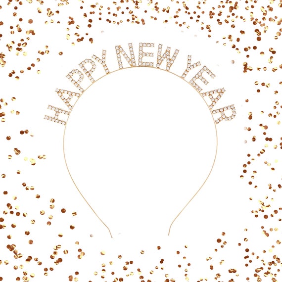 Happy New Year Headband Hat, Tiara w/ Rhinestones, Midnight Ball Drop Party Kit for a Happy New Year Black & Gold Fans, NYE 2025 IDEAS