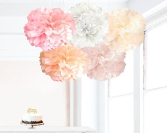 Blush Poms Set of 5, Tissue Birthday Party Poms in Light Pink, Ivory, Peach, Blush, White Pom Poms, Pastel Party Decor 1,5,10 piece Wedding