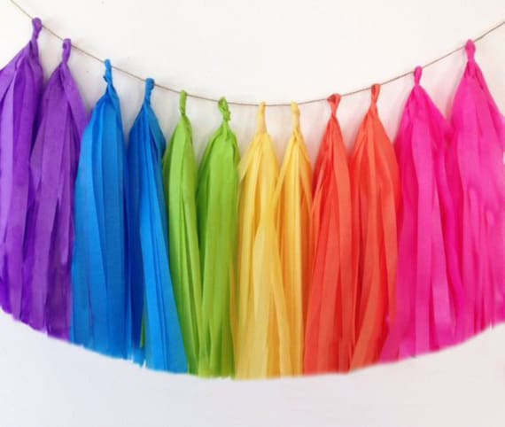 Rainbow Tissue Tassel Garland, Party Decorations, Bright Rainbow Decor for Birthday, Hot Pink, Orange, Yellow, Green, Turquoise, Purple