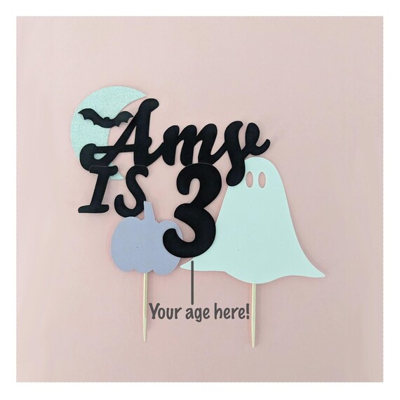 Halloween Birthday Cake Topper, personalized age, Birthday Party Decor, bats, ghosts, moon and pumpkin, pastel party