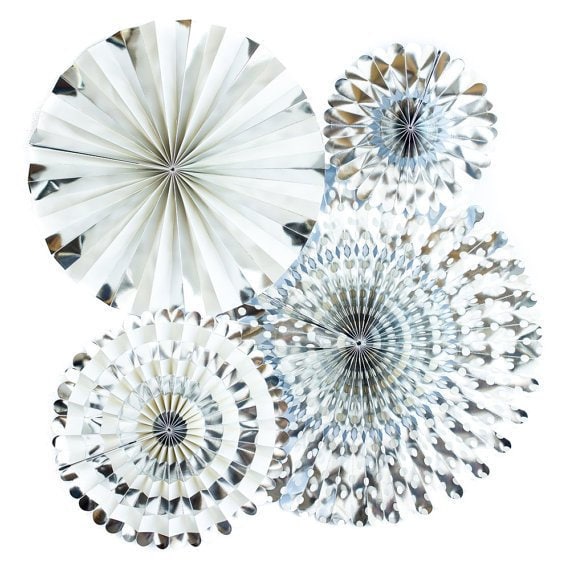 Silver fans, Metallic backdrop , birthday decorations rosettes party, Silver Party decor, New Years Eve Party Decor