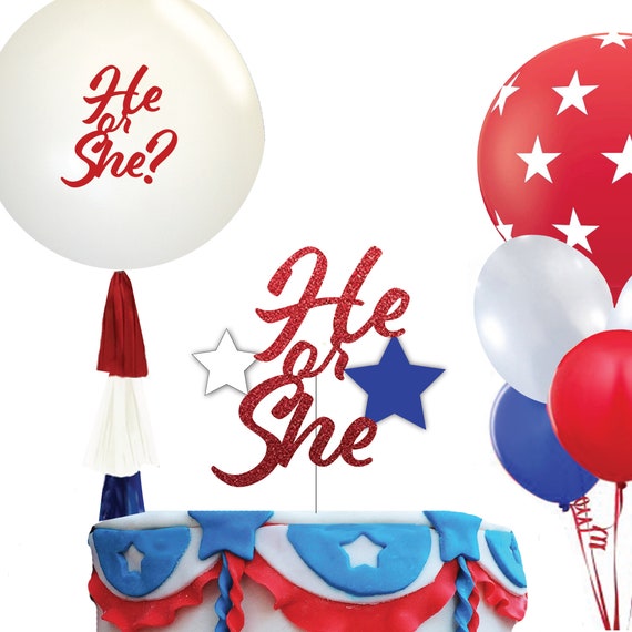 Fourth of July Gender Reveal Party Kit, Balloon, Cake Topper & Decor, Red, White and Blue Balloons, Tissue Poms,  Decorations, BBQ Party