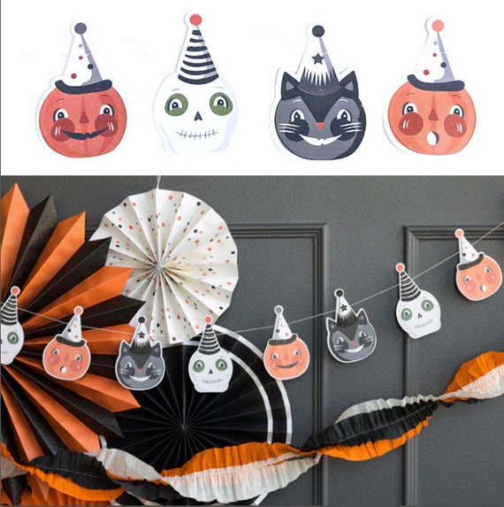 Vintage Style Halloween Banner Black Cats ,Skulls, Jack O' Lantern Pumpkins, Vintage 1940's Paper Mache Jack O Lantern Pumpkin Banner