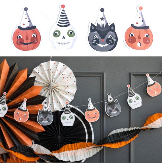 Halloween Skull, Pumpkins and black cat banner, Vintage Style Halloween Banner, Vintage 1940's Paper Mache Jack O Lantern Pumpkin Banner