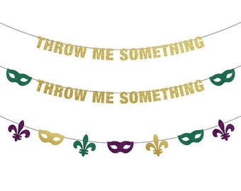 Mardi Gras Banner Decorations, Throw me something Banner, Poms, mardi gras Beads Necklace, Funny mask fleur de lis, Gold, Purple Party decor