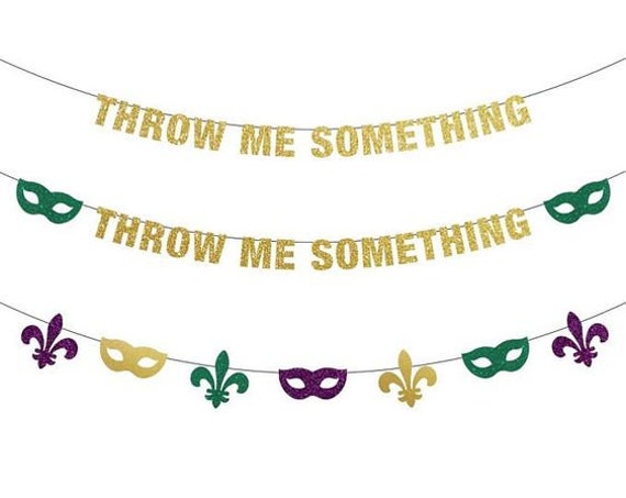 Mardi Gras Banner Decorations, Throw me something Banner, Poms, mardi gras Beads Necklace, Funny mask fleur de lis, Gold, Purple Party decor