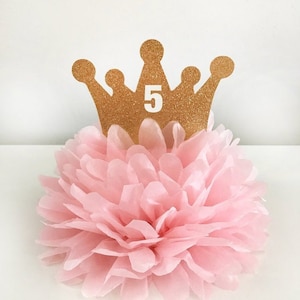 Crown Centerpiece Pom for Birthday, choose your number & color princess decor, crown decor, tiara first birthday princess party, second