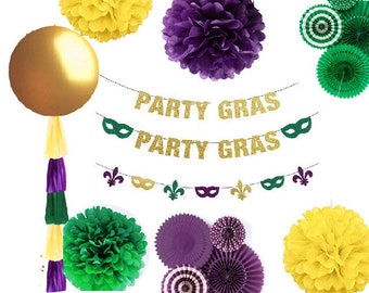 Mardi Gras Banner Decorations, Party Gras Mardi Gras Poms, mardi gras fans, Funny mask fleur de lis banner, Gold, Purple Green, Party decor