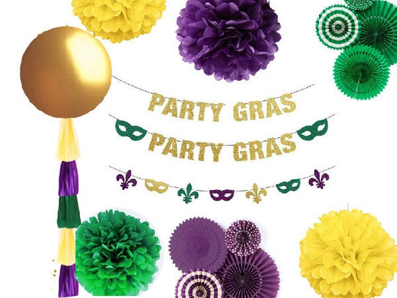 Mardi Gras Banner Decorations, Party Gras Mardi Gras Poms, mardi gras fans, Funny mask fleur de lis banner, Gold, Purple Green, Party decor