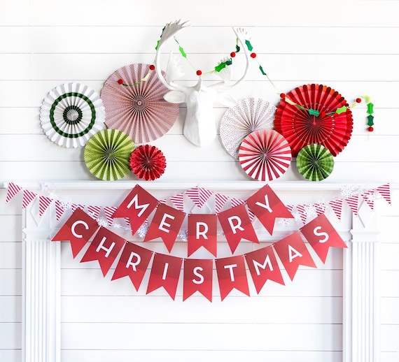 Merry Christmas Red Banner, fireplace mantle sign, holiday tree Decorations, Christmas party Decor, Office Party Pennant