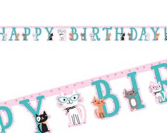 Happy Birthday Kitty Cat Banner, Vintage Cat Birthday Banner, Cat Party Decorations, kitty party supplies, kitty cat birthday, Kitten