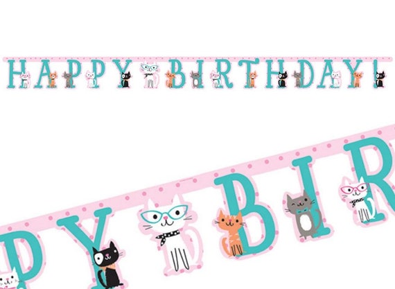 Happy Birthday Kitty Cat Banner, Vintage Cat Birthday Banner, Cat Party Decorations, kitty party supplies, kitty cat birthday, Kitten